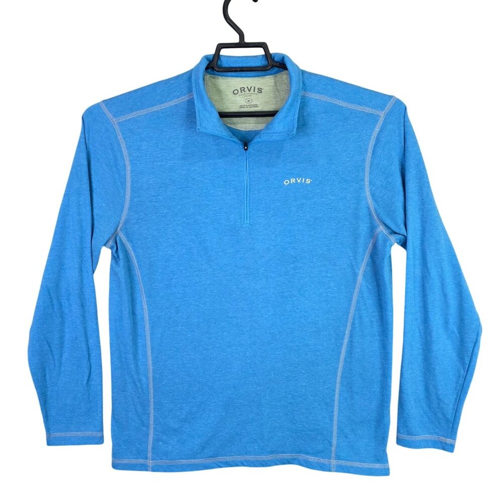 Mens Orvis Blue Pullover 1/4 Zip Shirt Long Sleeve Polyester Cotton Blend Size M